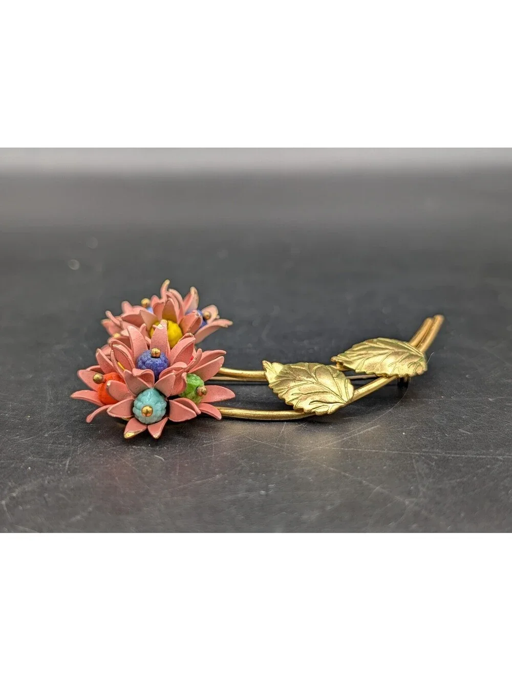 Vintage 1950s Pink Enamel Flower Brooch Hand Wired Molded Glass Bead Cluster